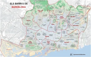 خريطة أحياء برشلونة تظهر توزيع السكان والمناطق السياحية